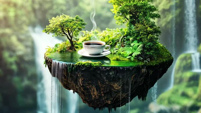 Serene coffee experience on a floating island surrounded by lush greenery and flowing waterfalls, Cup of coffee on serene floating island with lush greenery and waterfalls Tranquil nature concept