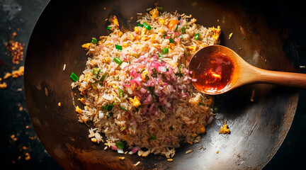 A Chinese wok, which is fried rice, ladle a big scoop of red onion sauce is about to put into the fried rice.Top vertical view
