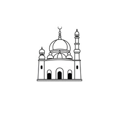 Elegant Black and White Mosque Line Art With Detailed Domes and Minarets