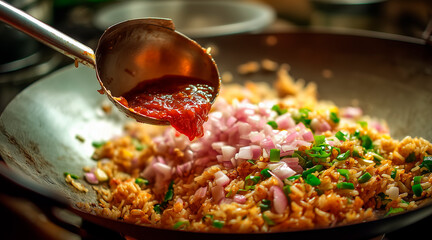 A Chinese wok, which is fried rice, ladle a big scoop of red onion sauce is about to put into the fried rice.Top vertical view