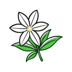 Vector black flower illustration with green leaves isolated