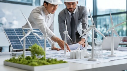 Two engineers discuss renewable energy plans, featuring models of solar panels.