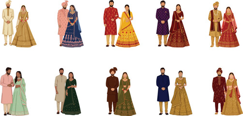 10 Pairs Wearing Ornate Indian Traditional Attire Featuring Sherwanis, Kurtas, Sarees, and Lehengas