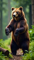 Fototapeta premium Grizzly bear standing on its hind legs in the forest with visible muscles and claws, silhouette, nature, furry animal