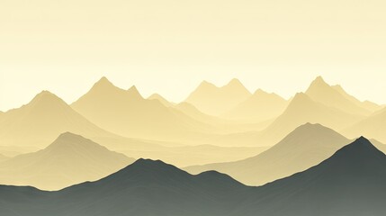 Naklejka premium Pale, hazy mountain range silhouettes against a light golden sky.