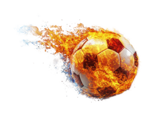 Fiery soccer ball kicking action in dynamic sports environment creative. Isolated on transparent background, png.