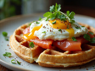 Delicious waffle topped with poached egg, smoked salmon, and herbs on a rustic plate