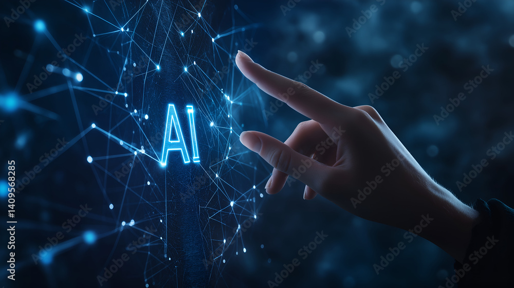 Poster ai interaction: a hand touches the glowing ai text, symbolizing the intersection of human and digita