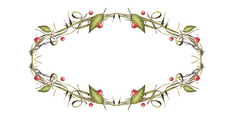 Green grass thicket frame watercolor illustration. Tangled herbs. Wild grass horizontal invitation template. Organic wreath for card design, signboard