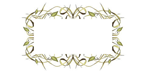 Green grass thicket frame watercolor illustration. Tangled herbs. Wild grass horizontal invitation template. Organic wreath for card design, signboard