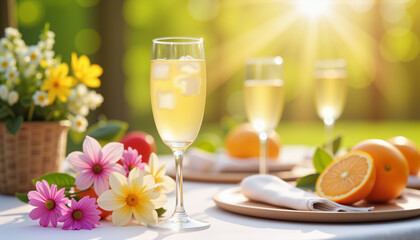 Elegant mimosa brunch table setting with flowers, spring celebration