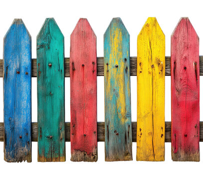 Vibrant colorful wooden fence installation urban. Isolated on transparent background, png.