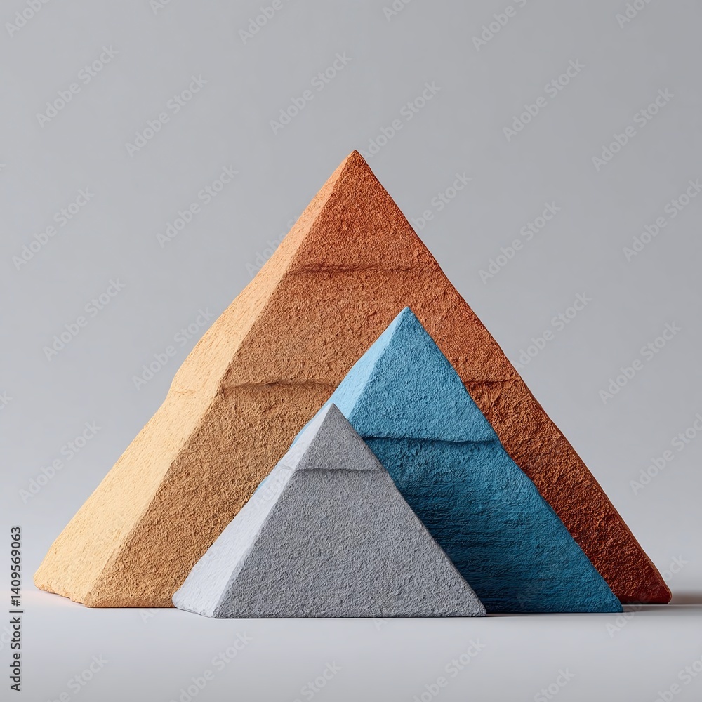 Poster colorful geometric pyramids in various sizes arranged aesthetically on a neutral background