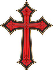 Vector Decorative Gothic Cross with Red and Black Color Scheme and Spiritual Emblem
