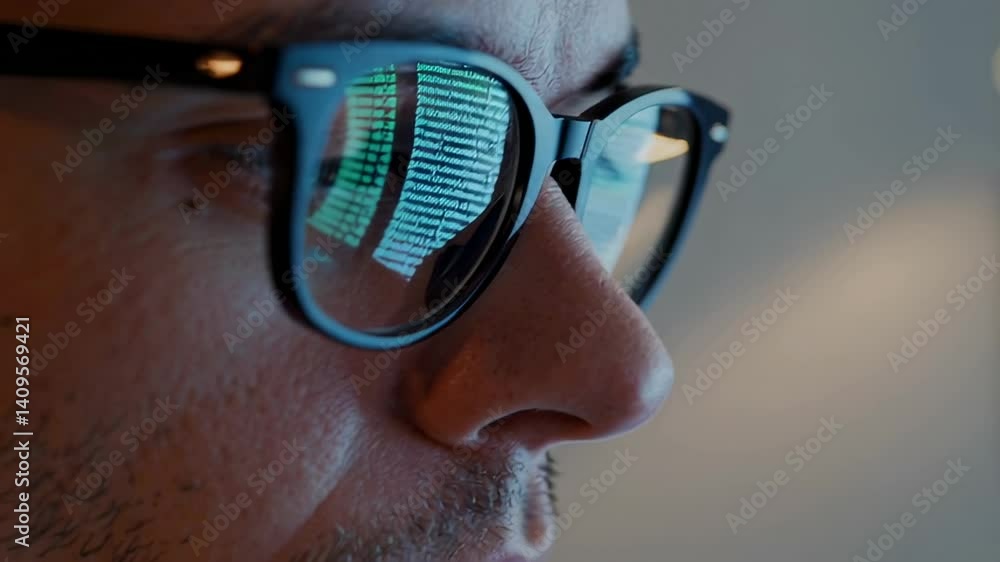 Poster programmer wearing glasses, reflecting digital green code while intensely working late at night in d