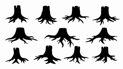set of old tree stump with roots silhouette vector on white background