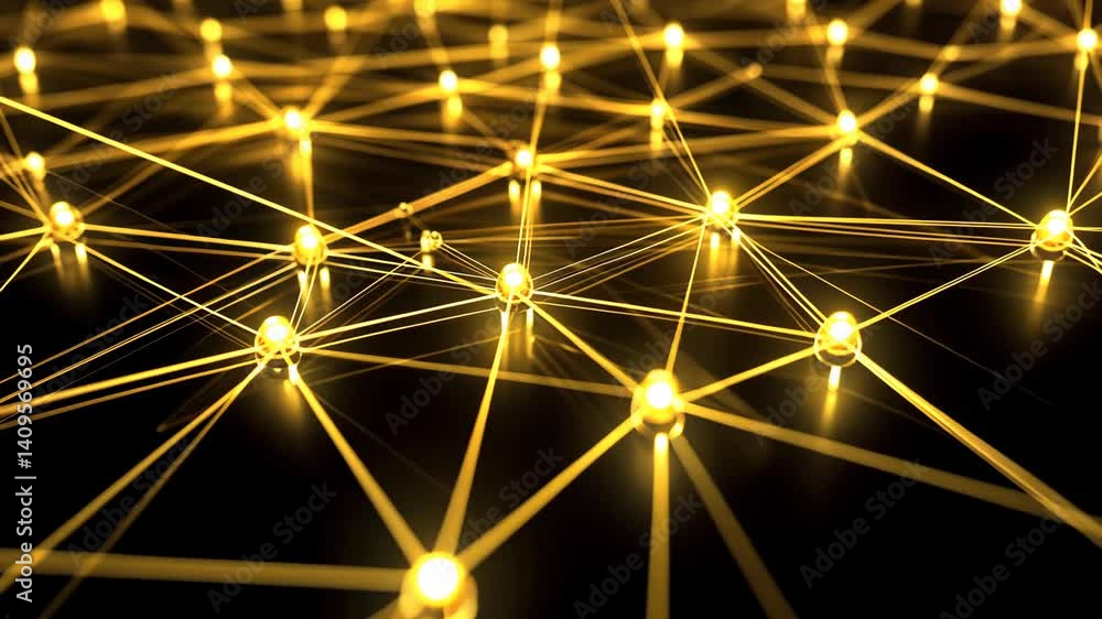 Poster golden network of connected lights on a dark background.
