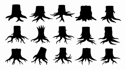 set of old tree stump with roots silhouette vector on white background