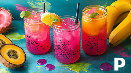 Colorful fruit drinks vibrant juices smoothie menu photography
