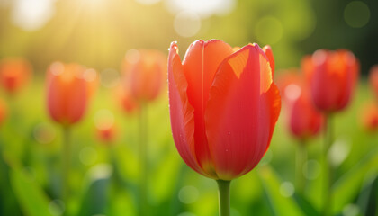 Fototapeta premium Single red tulip illuminated by morning sun in lush garden, beauty