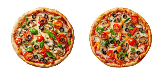 Two vegetarian pizzas isolated on white background Italian food pizzas with tomatoes mushrooms mozzarella cheese olives and basil leaves top view fast food pizzas with various toppings restaurant