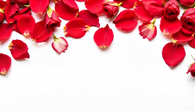 Scattered red rose petals on white background, romantic simplicity