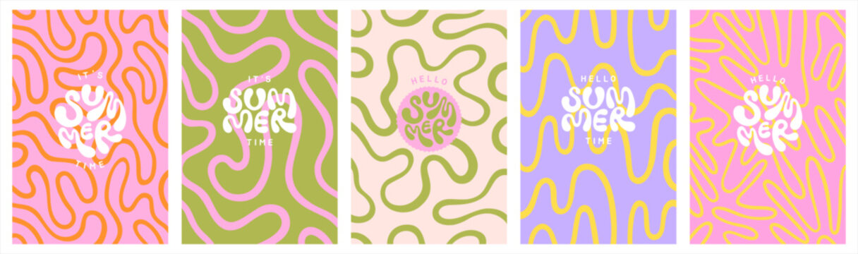 Deformed fluid uneven organic lines vector funky groovy maze backgrounds set. Hello summer hand lettering. Hippie doodle patterns collection. Uneven hand drawn wavy twisted liquid curved lines waves.