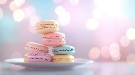 Obraz premium Pastel-colored macarons stacked on a plate, a delightful treat.
