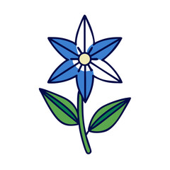 Stylized Blue Flower Illustration on Black Background, Isolated
