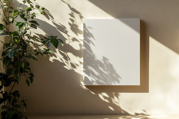 Serene sunlight illuminates blank canvas and leafy plant casting shadows on beige wall