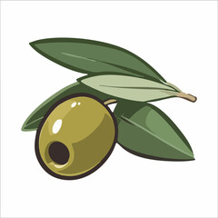 Green Olive with Leaves Illustration. Vector Image