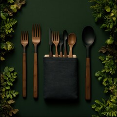 Wooden cutlery set neatly displayed within a dark green environment
