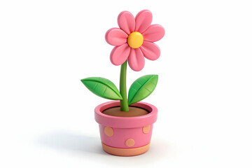 A cheerful pink flower in a polka-dotted pot, blooming with springtime joy and simple 3D charm.