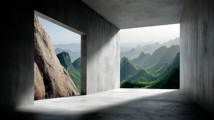 Concrete room with mountain views through large openings