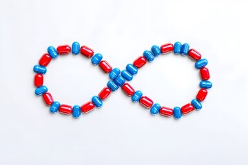Infinity Symbol Created With Red and Blue Capsules on White Surface