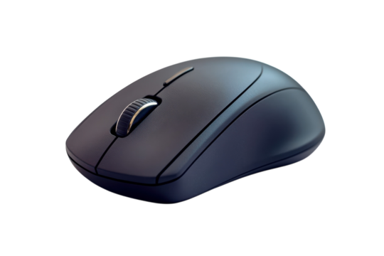 Sleek dark gray wireless computer mouse on black background detailed on transparent background