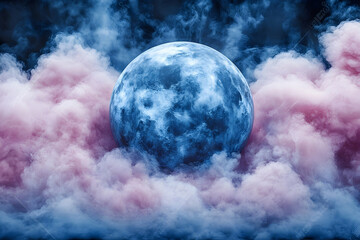 A luminous moon rests amidst swirling pink and blue smoke.