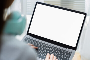 woman using a computer laptop with a blank screen, for putting advertising to promote
