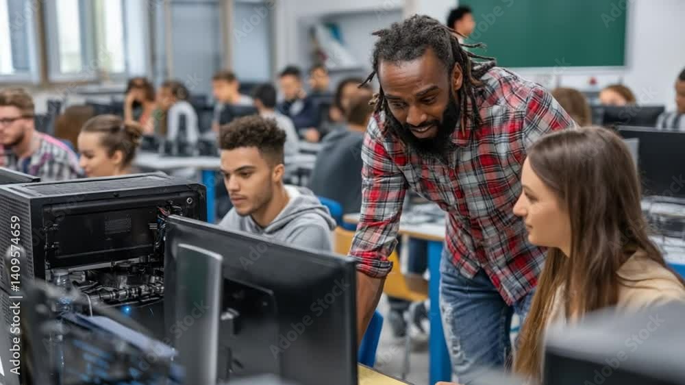 Poster students collaborate on projects in a college computer lab generative ai