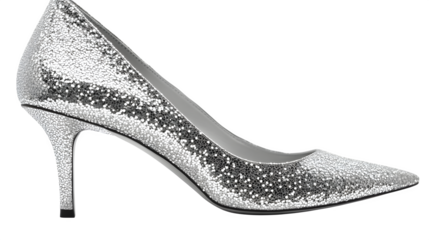 Sparkling silver high heel shoes, isolated on white background
