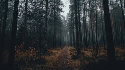 Obraz premium Misty forest path leading into the dense woods.