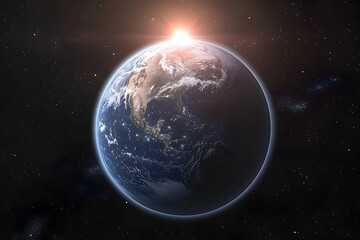 Obraz premium Earth, bathed in the radiant glow of a celestial sunrise.