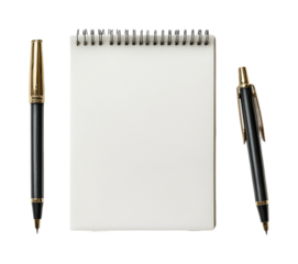 Writing ideas tablet with pens on desk office workspace minimalistic style. Isolated on transparent background, png.