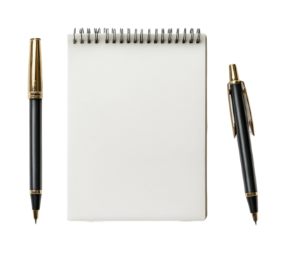 Writing ideas tablet with pens on desk office workspace minimalistic style. Isolated on transparent background, png.