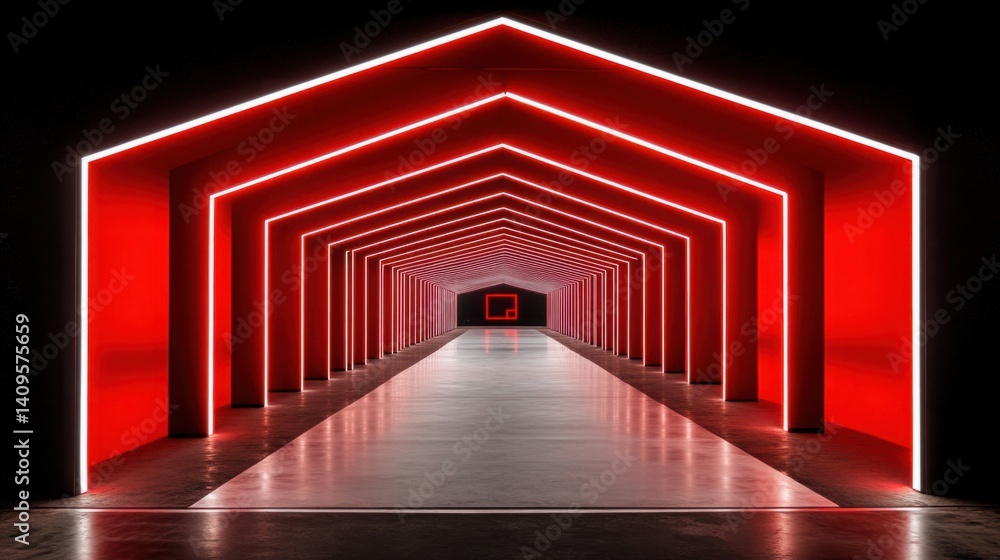 Aufkleber futuristic red hallway with neon lighting and geometric shapes creating an immersive visual experien