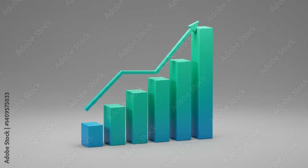 Poster 3d render of teal and blue gradient bar graph showing upward trend