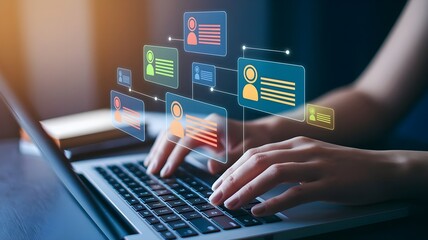 Businessman messaging team with using laptop computer. Collaboration platform. Employee communication and knowledge sharing on discussion forums in internal social network.	
