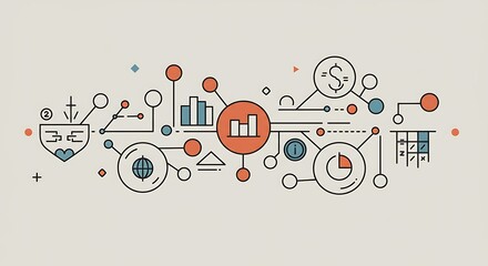 Fototapeta premium Infographic of interconnected financial data. Charts, dollar signs, and globes represent global economics and market trends.