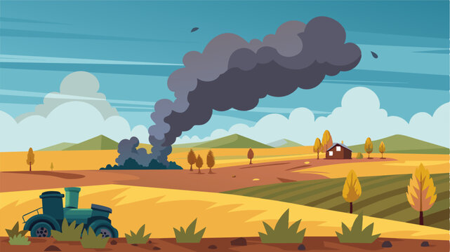 In the distance a plume of smoke rose from a farmers field the acrid smell of burning stubble filling the air as they desperately attempted to salvage what little was left of their. Vector