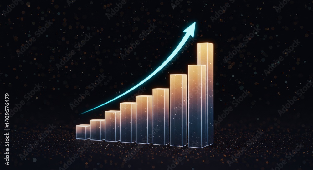 Poster abstract 3d bar graph displaying growth with bright teal arrow on dark background